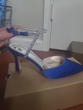 Blue Satin Pointed Toe T-Strap Heels with Rhinestone Accent